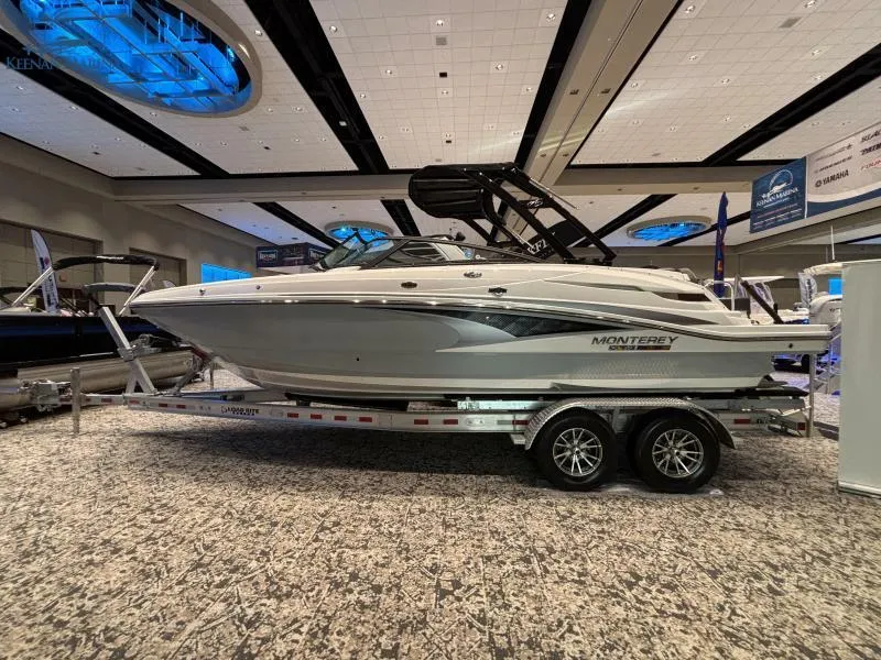 The Image of 2024 Monterey M6 boat displayed indoors on a trailer. - 1