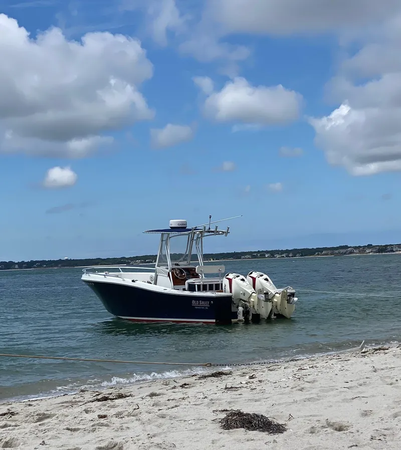 Slide: The Image of A 1991 Mako 241 boat anchored near a sandy beach under a partly cloudy sky. - 3