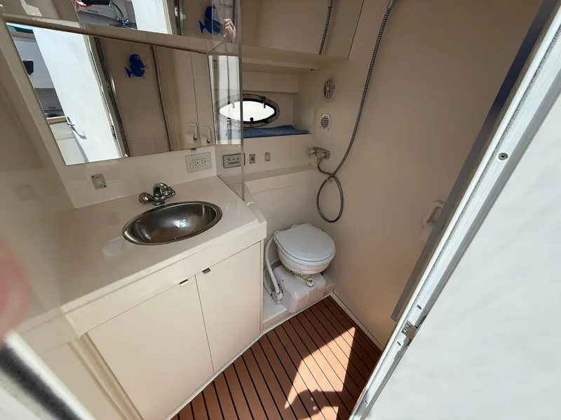 Slide: The Image of 1996 Carver 325 Aft Cabin bathroom with sink, toilet, and showerhead. - 24