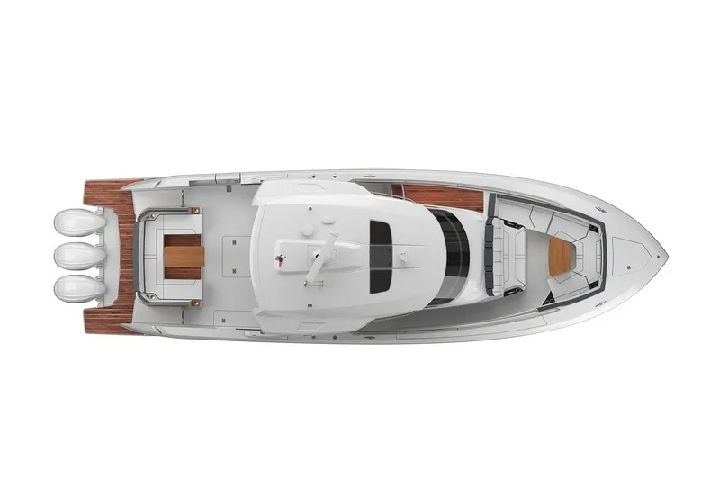 Slide: The Image of Top view of 2022 Tiara Yachts 43 LS, featuring sleek design and triple engines. - 27
