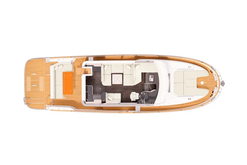 Slide: The Image of Top view of 2025 Nimbus 495 Flybridge yacht layout, showcasing spacious deck and interior design. - 21