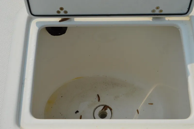 Slide: The Image of Open storage compartment on 2007 Edgewater 228CC boat, showing interior with debris. - 42