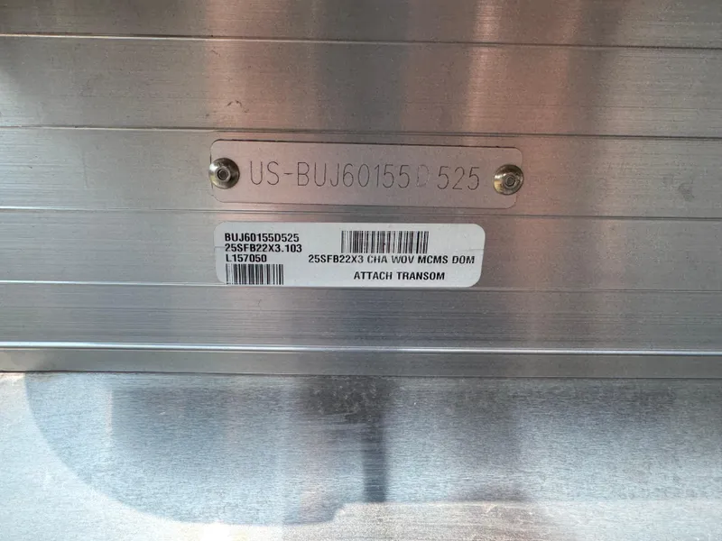 Slide: The Image of 2025 Sun Tracker Fishin' Barge 22 XP3 identification plate with serial number and barcode. - 3
