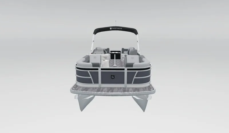 Slide: The Image of 2026 Godfrey Sweetwater 2286 QS pontoon boat, rear view, sleek design, gray and black color scheme. - 45