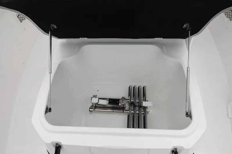 Slide: The Image of Storage compartment of 2025 Sea Fox 268 Commander boat, featuring stainless steel components. - 22