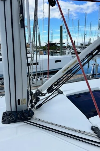Slide: The Image of 2012 Jeanneau Sun Odyssey 379 sailboat mast and rigging at marina. - 8