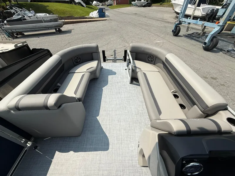 Slide: The Image of 2025 Premier 200 Sunscape RE XLC pontoon boat interior with spacious seating and modern design. - 11