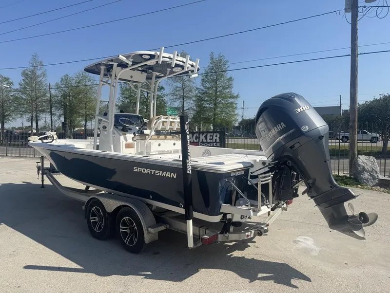 Slide: The Image of 2017 Sportsman Masters 247 Bay Boat with Yamaha 300 engine on trailer. - 4