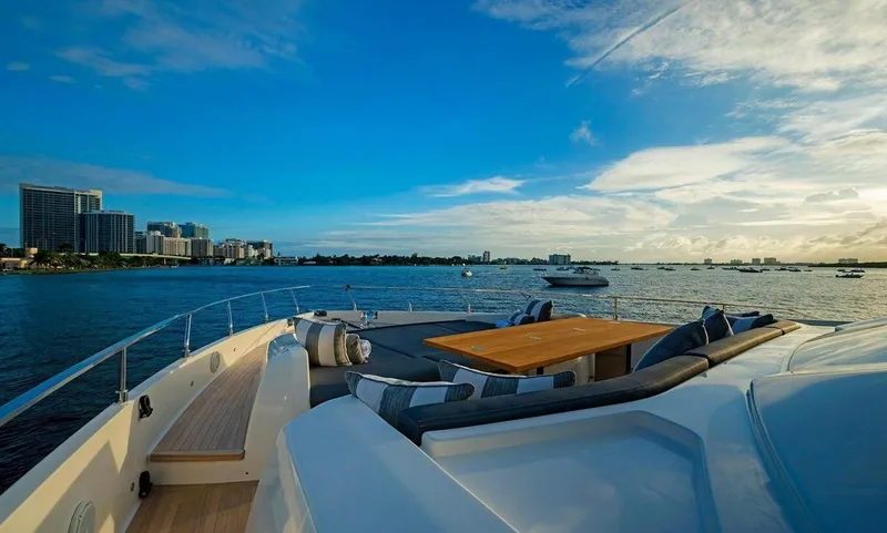 Slide: The Image of Luxurious 2018 Ferretti Yachts 850 Motoryacht with scenic ocean view and elegant deck seating. - 3