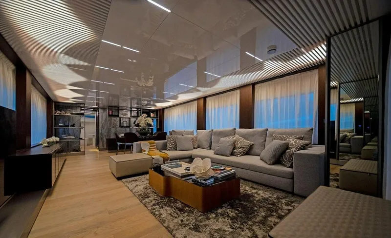 Slide: The Image of Luxurious interior of 2018 Ferretti Yachts 850 Motoryacht with elegant furnishings and ambient lighting. - 6