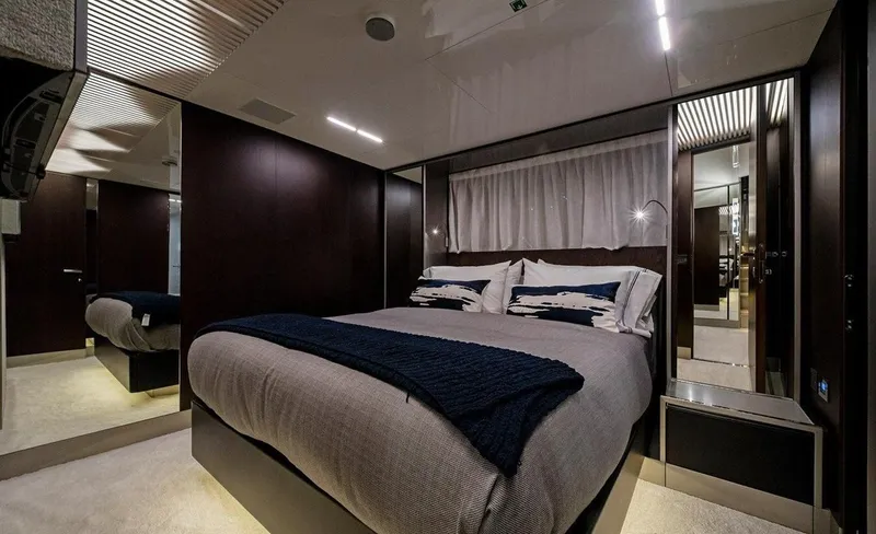Slide: The Image of Luxurious bedroom interior of 2018 Ferretti Yachts 850 Motoryacht with modern design. - 8