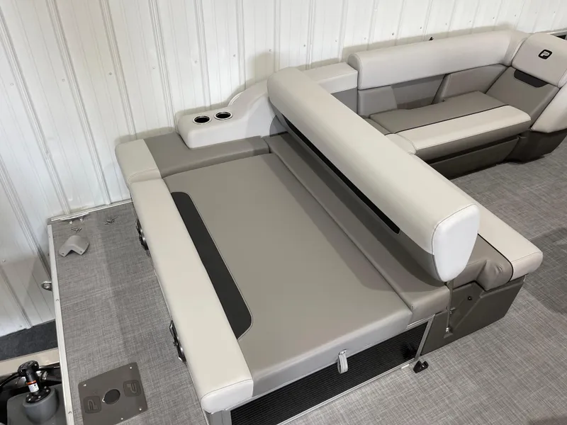 Slide: The Image of 2025 Princecraft Vectra 21 RL boat interior with gray seating and cup holders. - 4