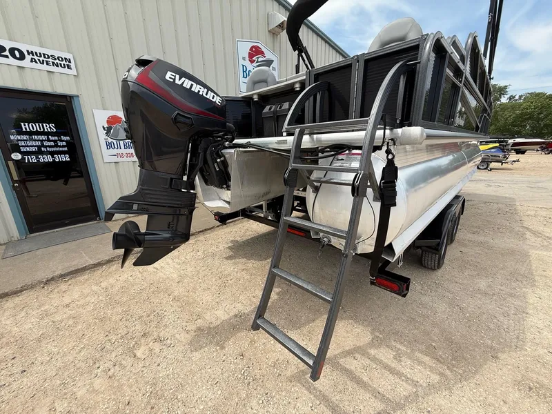 Slide: The Image of 2018 Misty Harbor 2085 Biscayne Bay FS pontoon boat with Evinrude motor and ladder. - 11