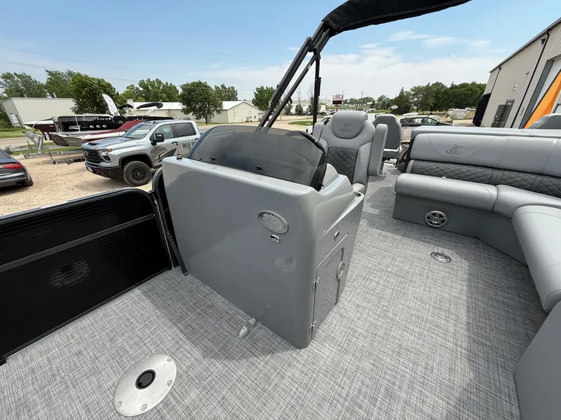 Slide: The Image of 2018 Misty Harbor 2085 Biscayne Bay FS pontoon boat interior with gray seating and flooring. - 14