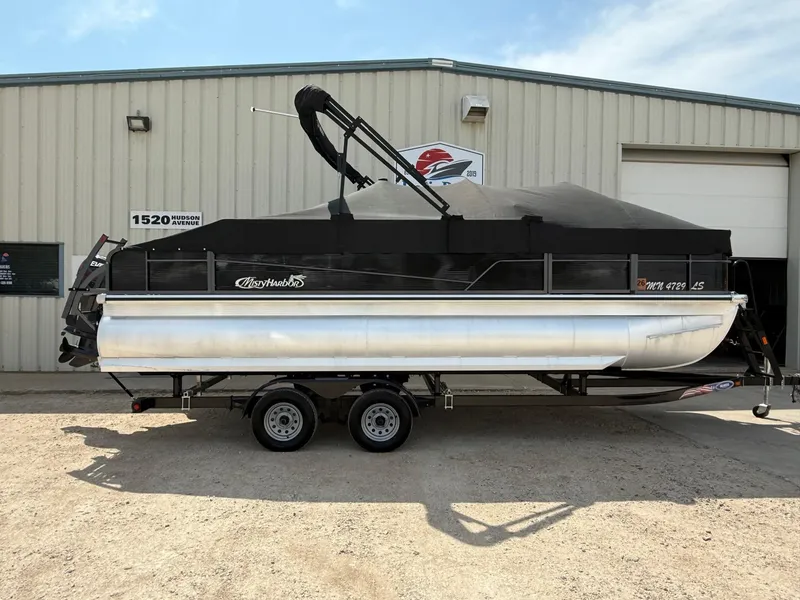 Slide: The Image of 2018 Misty Harbor 2085 Biscayne Bay FS pontoon boat on trailer, parked outside a building. - 37