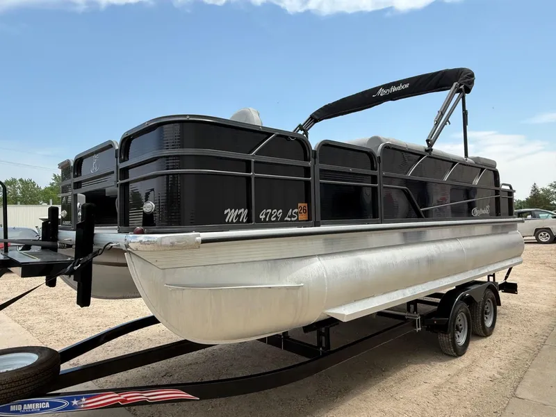 Slide: The Image of 2018 Misty Harbor 2085 Biscayne Bay FS pontoon boat on trailer, parked outdoors. - 6