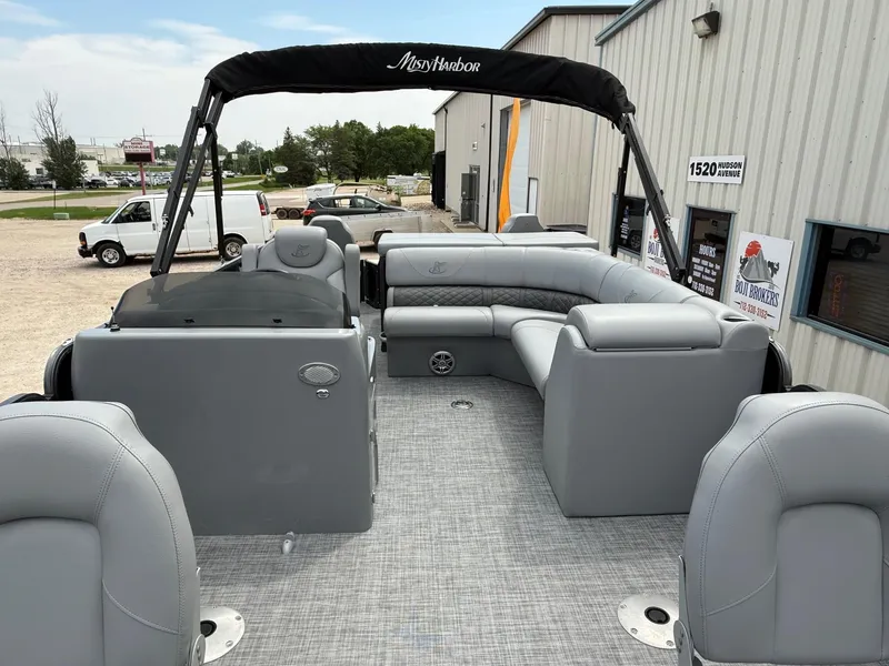 Slide: The Image of 2018 Misty Harbor 2085 Biscayne Bay FS pontoon boat with gray seating and canopy. - 7