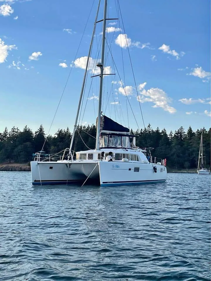 Slide: The Image of 2009 Lagoon 440 catamaran sailing on calm waters with forested shoreline in the background. - 45
