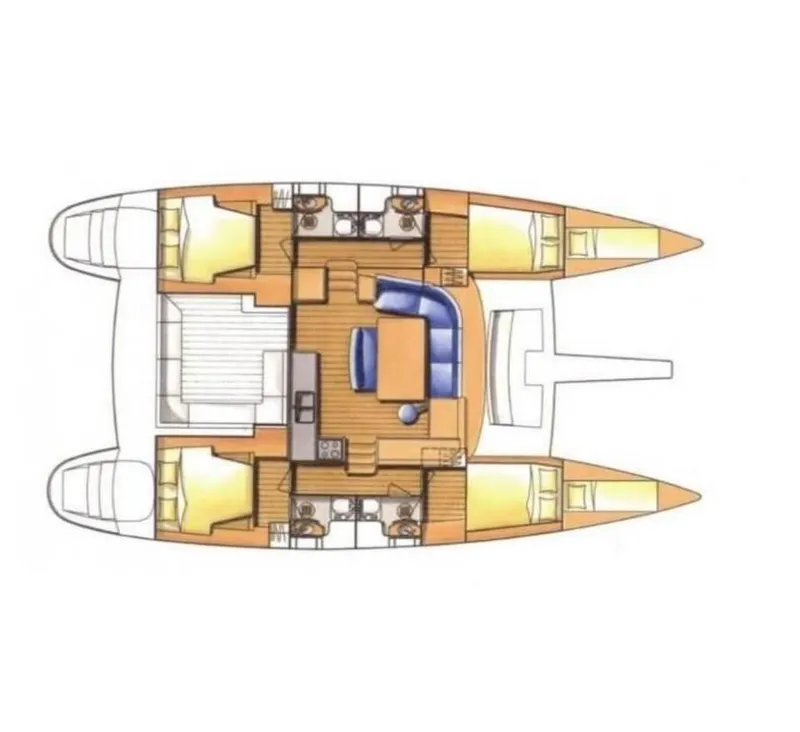 Slide: The Image of Floor plan of a 2009 Lagoon 440 catamaran, featuring cabins and central living area. - 46