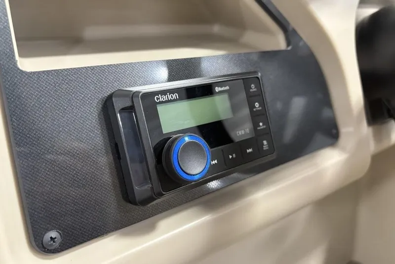 Slide: The Image of Clarion Bluetooth stereo system in 2025 Godfrey Xperience 2086 SBX boat dashboard. - 18