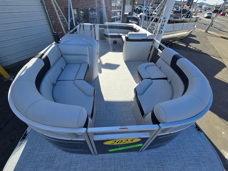 Slide: The Image of 2025 Berkshire 20 CL pontoon boat with spacious seating and modern design. - 5