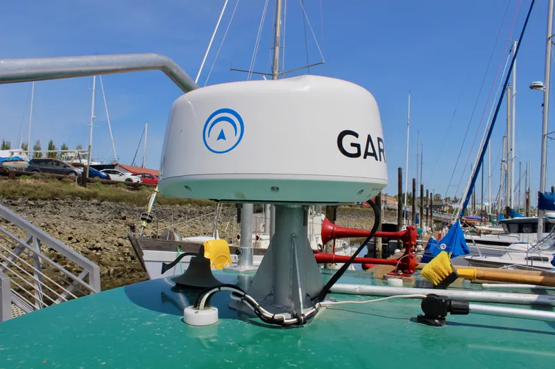 Slide: The Image of Radar equipment on 1961 Custom 32' William Garden Tug, docked at marina. - 12