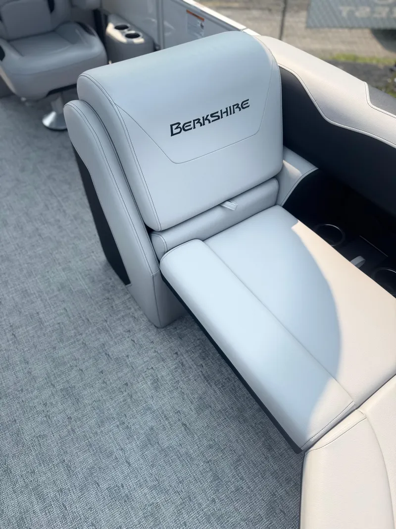Slide: The Image of 2025 Berkshire 22RFX LE boat seat with gray upholstery and logo. - 6