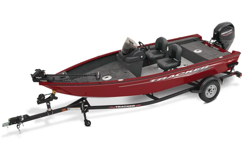 The Image of 2025 Tracker Super Guide V-16 SC boat in showroom, red exterior, on trailer. - 0