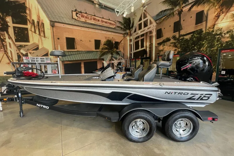 Slide: The Image of 2024 Nitro Z18 boat displayed indoors with a scenic backdrop. - 0