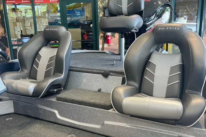 Slide: The Image of 2024 Nitro Z18 boat interior with sleek, modern seating design. - 2