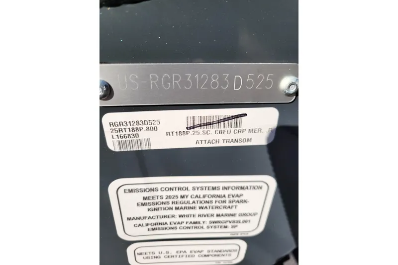 Slide: The Image of 2025 Ranger RT188P boat identification and emissions control information plate. - 89