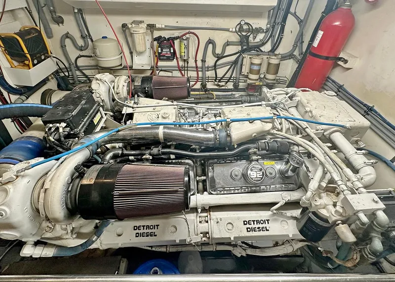 Slide: The Image of Engine room of a 1994 Hatteras Cockpit Motoryacht with Detroit Diesel engines. - 29
