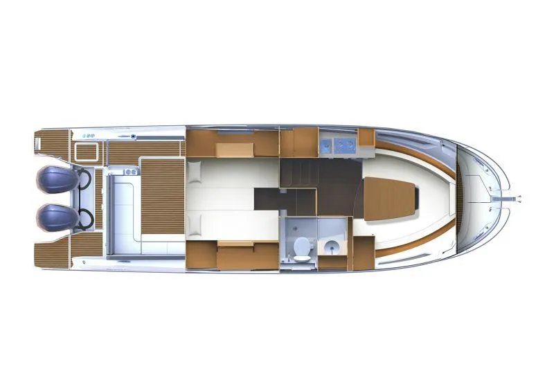 Slide: The Image of 2026 Jeanneau Leader 10.5 WA boat layout, featuring dual engines and spacious interior design. - 15