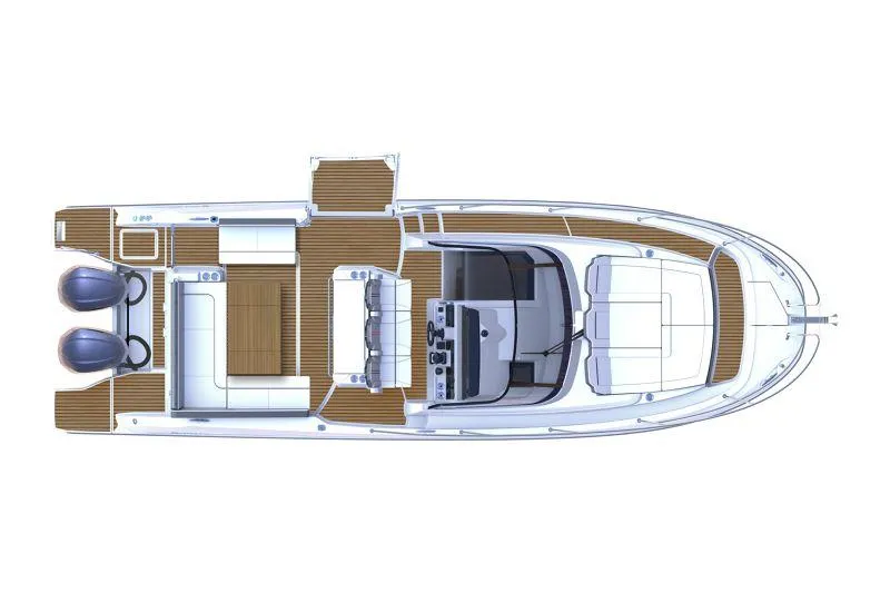 Slide: The Image of Top view of 2026 Jeanneau Leader 10.5 WA boat layout with twin engines. - 14