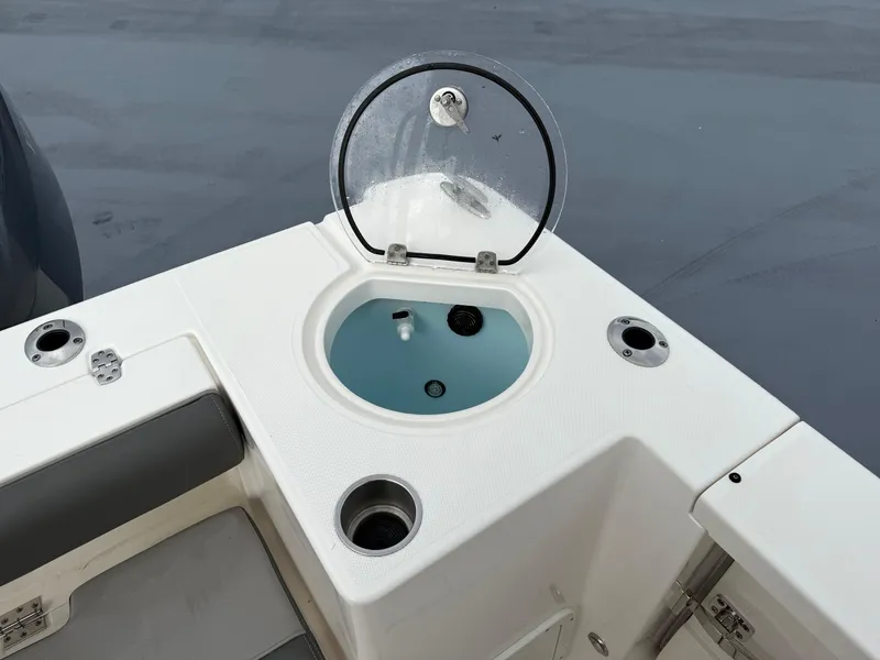 Slide: The Image of Sea Born SX281 2025 boat livewell with open lid, showcasing fishing amenities. - 21
