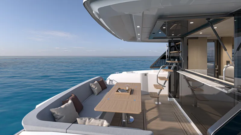 Slide: The Image of Luxurious Prestige F4.3 yacht deck with seating, table, and ocean view, 2026 model. - 4