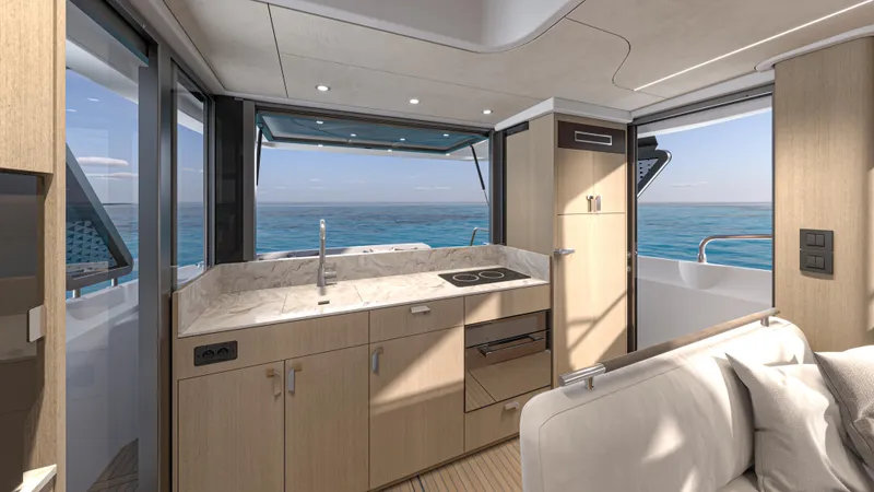 Slide: The Image of Modern yacht interior with kitchen, Prestige F4.3, 2026 model, featuring ocean view and sleek design. - 6