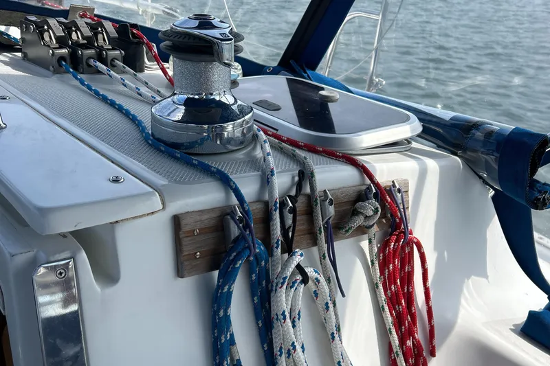 Slide: The Image of Cockpit of 1998 Catalina 36MKII sailboat with winch and colorful ropes. - 18
