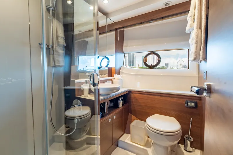 Slide: The Image of Luxurious bathroom on 2019 Princess F70 yacht with modern fixtures and elegant design. - 14