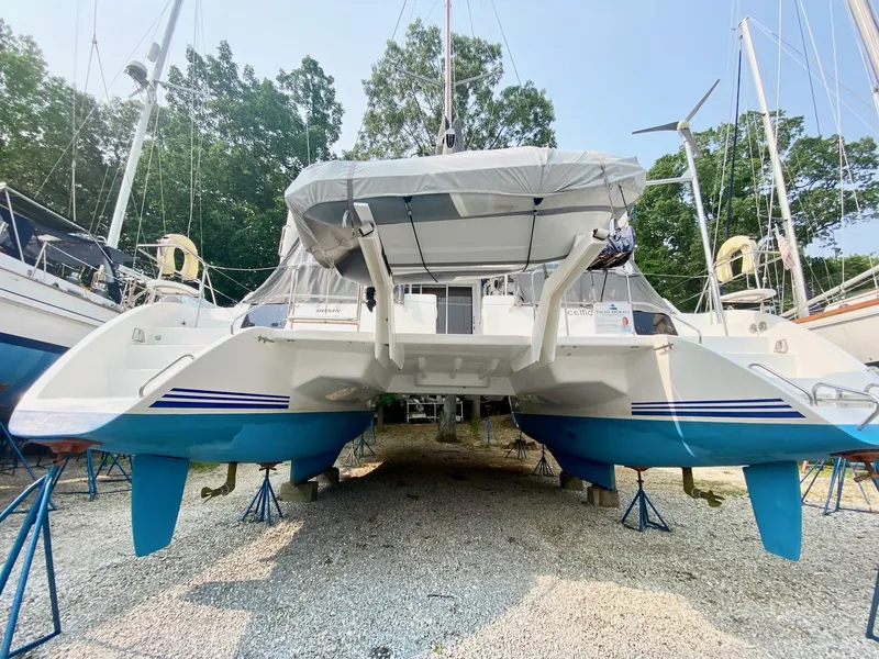 Slide: The Image of 2016 Celtic Yachts 40 catamaran on stands, showcasing hull design and structure. - 4