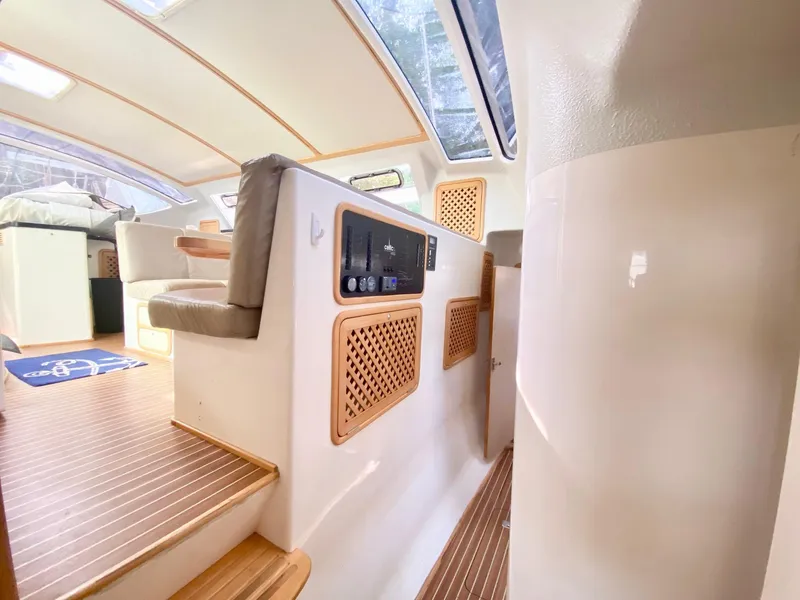 Slide: The Image of Interior of 2016 Celtic Yachts 40, featuring modern design and wooden accents. - 46
