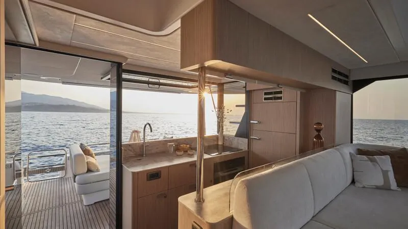 Slide: The Image of Luxurious interior of 2026 Prestige F5.7 yacht with ocean view and modern design. - 22
