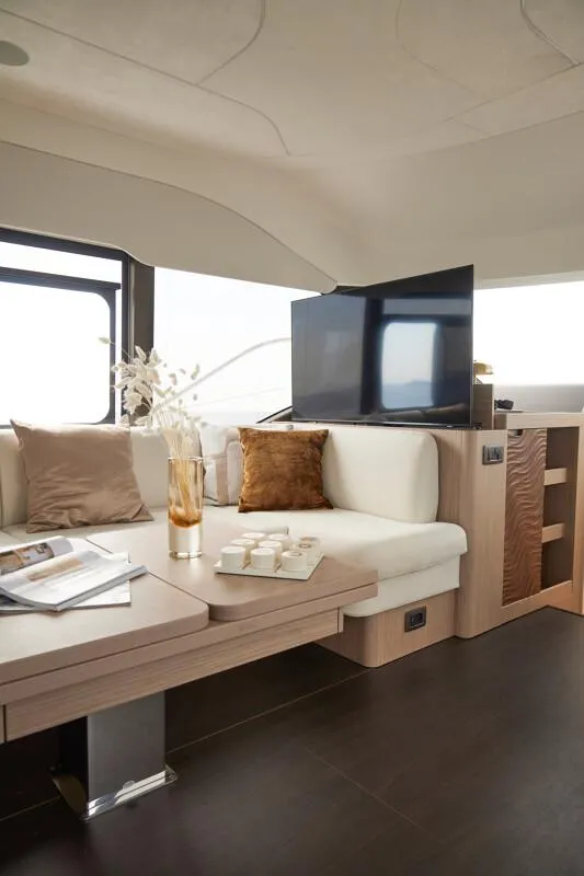 Slide: The Image of Luxurious interior of 2026 Prestige F5.7 yacht with modern decor and comfortable seating. - 35