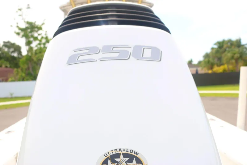 Slide: The Image of Close-up of a 1990 Mako 230 Walk Around boat engine with "250" marking. - 13