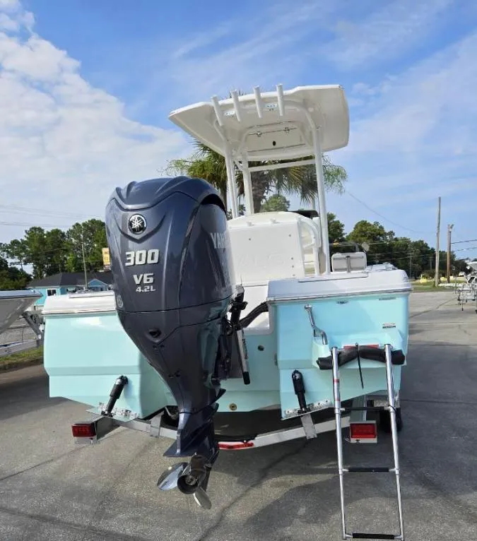 Slide: The Image of 2024 Robalo 246 Cayman boat with Yamaha 300 V6 engine, light blue hull, and ladder. - 3