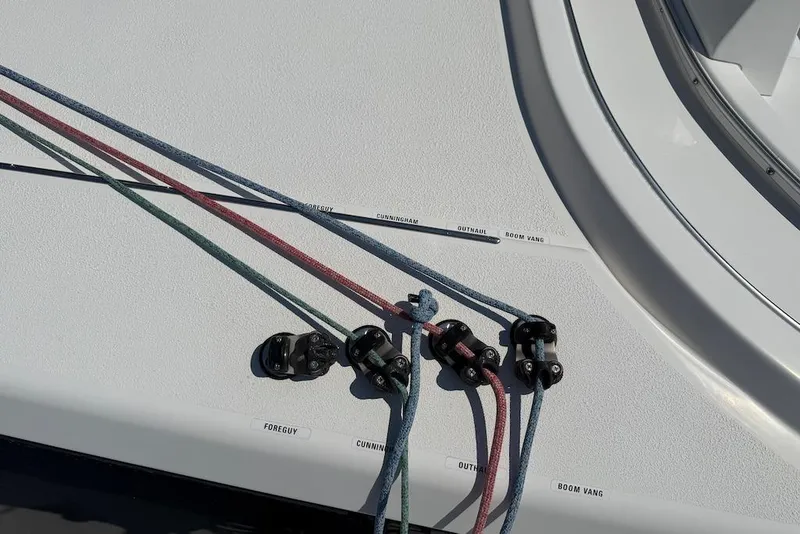 Slide: The Image of Close-up of 2016 X-Yachts Xp38 sailboat deck with labeled control lines. - 18