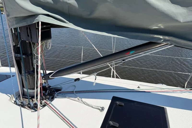 Slide: The Image of 2016 X-Yachts Xp38 sailboat deck with rigging and boom details. - 20