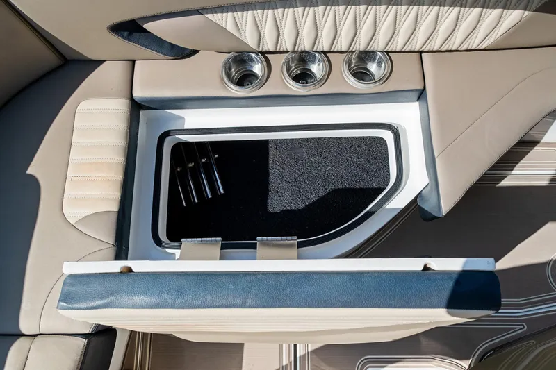 Slide: The Image of Luxury interior of 2021 MTI V42 boat with cup holders and storage compartment. - 35