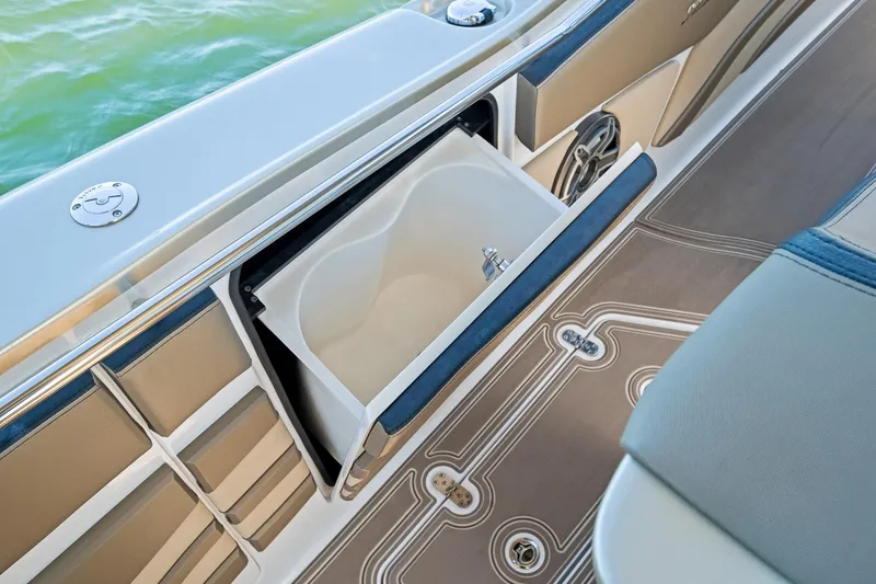 Slide: The Image of Luxury MTI V42 boat interior with built-in storage compartment, 2021 model. - 42