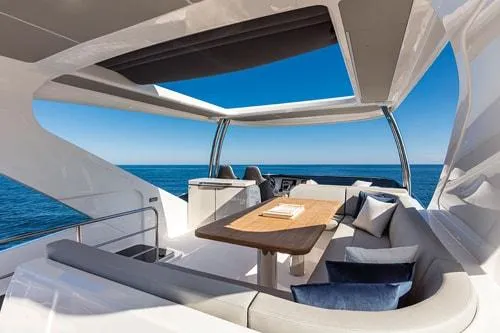 Slide: The Image of Luxurious 2023 Absolute Fly Co Ownership yacht interior with ocean view and elegant seating area. - 13